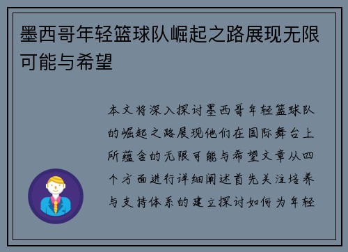墨西哥年轻篮球队崛起之路展现无限可能与希望