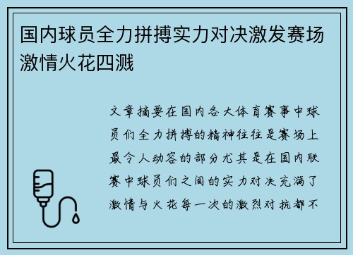 国内球员全力拼搏实力对决激发赛场激情火花四溅