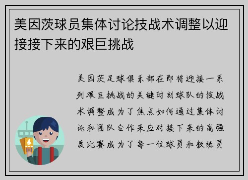 美因茨球员集体讨论技战术调整以迎接接下来的艰巨挑战