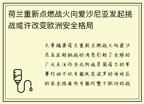 荷兰重新点燃战火向爱沙尼亚发起挑战或许改变欧洲安全格局