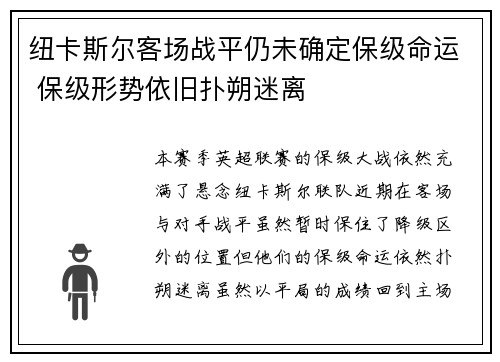 纽卡斯尔客场战平仍未确定保级命运 保级形势依旧扑朔迷离