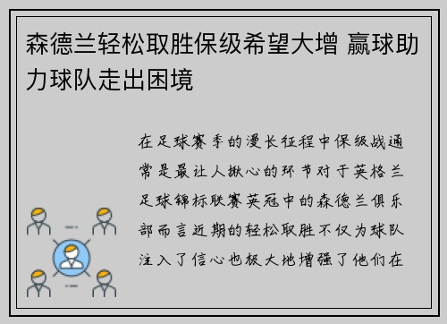 森德兰轻松取胜保级希望大增 赢球助力球队走出困境