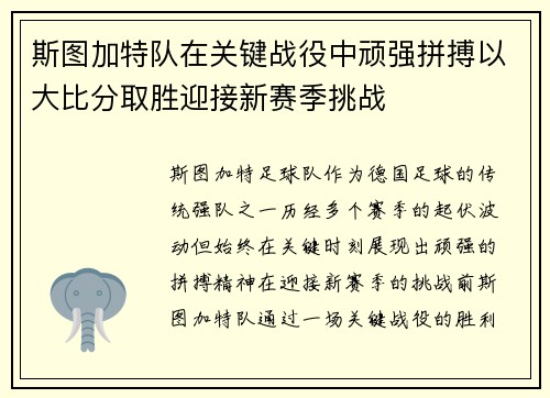 斯图加特队在关键战役中顽强拼搏以大比分取胜迎接新赛季挑战