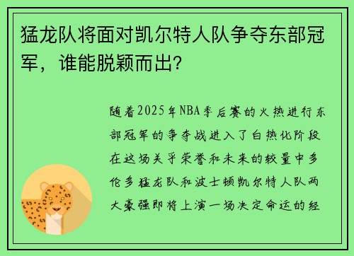 猛龙队将面对凯尔特人队争夺东部冠军，谁能脱颖而出？