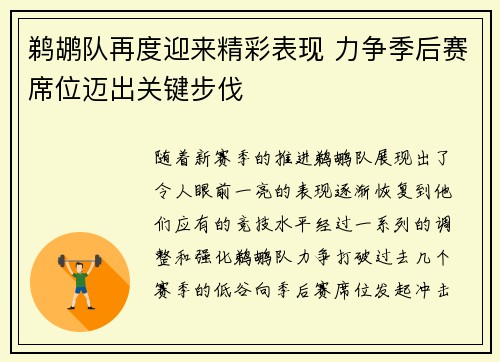 鹈鹕队再度迎来精彩表现 力争季后赛席位迈出关键步伐