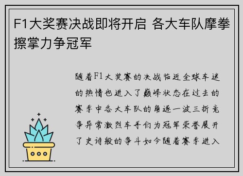 F1大奖赛决战即将开启 各大车队摩拳擦掌力争冠军
