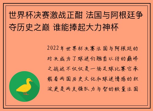 世界杯决赛激战正酣 法国与阿根廷争夺历史之巅 谁能捧起大力神杯