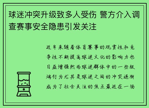 球迷冲突升级致多人受伤 警方介入调查赛事安全隐患引发关注
