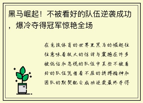 黑马崛起！不被看好的队伍逆袭成功，爆冷夺得冠军惊艳全场